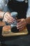 Baristas prepare hot coffee beans in cup pot. to make coffee for steam. Coffee shop concept. in cafe shop for drink,small business