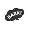 Bark! white text in a dark black speech bubble balloon. Dog bark sound effect vector clipart.