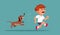 Barking Dog Running After Scared Boy Vector Cartoon Illustration
