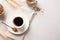 Barley coffee in white cup and ears of barley on white background.