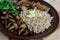 Barley porridge, fried mushrooms and duck liver, boiled quail eggs, tomatoes, arugula - healthy food