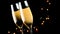 Barman pouring champagne into flutes with golden bubbles on black dark light background