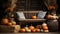 Barn bench sitting area beautifully decorated with fall and autumn pumpkins, gourds and seating - generative AI