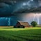 a barn in a field with a storm coming in the background and a tree in the foreground with a dark sky and clouds above with