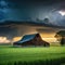 a barn in a field with a storm coming in the background and a tree in the foreground with a dark sky and clouds above with