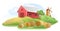 Barn. Garden and rolling hills. Rural farm landscape with windmill and straw. Cute funny cartoon design illustration