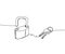 Barn lock, apartment keys one line art. Continuous line drawing of entrance, rusty, steel, padlock, key, exterior