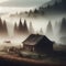 Barn on misty hillside, home to grazing horses