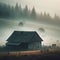 Barn on misty hillside, home to grazing horses