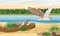 A barn owl flies over the river bank. Realistic vector