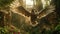 Barn owl in flight in a mystical garden setting. Wildlife and fantasy concept
