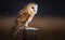 Barn Owl perch on a tree stump, side view in snow in winter, generative AI