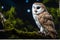 Barn Owl\\\'s Nocturnal Serenity: Perched on Gnarled Tree Branch, Feathers Ruffled by Gentle Breeze Under Moonlit Sky