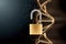 Barn padlock open on dna background. Concept scientists have decoded the genome, a scientific discovery