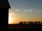 Barn and tree hedgerow outlined in front of setting sun