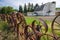 A barn with wheel fence