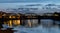 Barnes Railway Bridge in west London, a Grade II listed structure, photographed during blue hour on a cold, clear winter`s evening