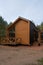 Barnhouse style house. House in the bosom of nature. Greenery and trees