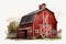 Barnyard Beauty, Vintage Red Barn Watercolor Illustration, Isolated on White Background - Generative AI