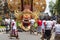 Barong figure and Balinese people on street ceremony in Gianyar, island Bali, Indonesia