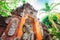 Barong Lion Guard near shrine walls lit by sunshine at Gunung Kawi Temple Complex, Bali, Indonesia