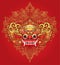 Barong. Traditional ritual Balinese mask. Vector color illustration in red, gold and black isolated. Hindu ethnic symbol, tattoo