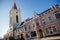 Baroque bell tower called Blatenska vez in winter, Narrow picturesque street, renaissance historical buildings with snow, Blatna