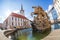 Baroque Caesar Fountain against Town Hall in Olomouc Unesco Czech Republic