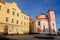 Baroque Chapel of Saint Florian and fountain with sundial, Narrow picturesque street, Church at the pedestrian zone in Kladno in