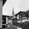 The baroque church of the village of Alvaneu in Switzerland shot with black and white analogue film technique in winter