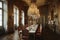 baroque dining room, with gilded chandelier and silk drapes