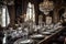 baroque dining room, with lavish table settings and crystal glasses