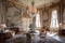 baroque drawing room with lavish furnishings, chandelier and floral bouquets