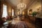 baroque drawing room with lavish furnishings, chandelier and floral bouquets