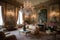 baroque drawing room with lavish furnishings, chandelier and floral bouquets