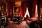 baroque drawing room, with rich reds and golds on the walls, and lavish fabrics