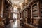 baroque library with towering bookshelves and intricate carvings