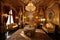 baroque room with many lavish furnishings, including gold and plush furniture