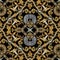 Baroque seamless pattern. Black vector damask background wallpaper with vintage gold silver flowers, scroll leaves, rhombus, mean