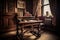 baroque study, with ornate wooden desk and scrollwork chair