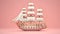 Barque ship model 3d. on pink background.