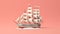 Barque ship model 3d. on pink background.