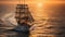 Barque ship in the ocean at sunset. Generative Ai