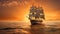 Barque ship in the ocean at sunset. Generative Ai