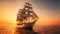 Barque ship in the ocean at sunset. Generative Ai