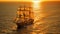 Barque ship in the ocean at sunset. Generative Ai