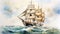 Barque ship painted in the ocean by watercolor. Generative Ai