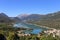 Barrea, Italy - 12 October 2019: Lake Barrea and the mountain village