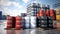 Barrel container. Industrial warehouse. Barrels for chemical products. Fuel storage. Pallets with barrels in hangar. Logistic