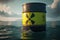 Barrel containing dangerous and radioactive material are discharged into the sea from a boat. Concept of environmental disaster.